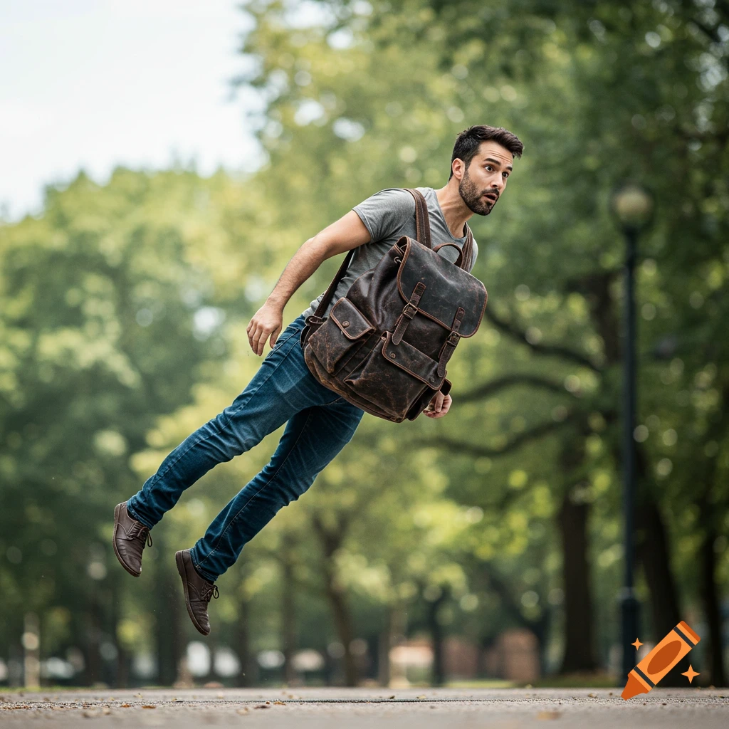 A realistic photo of a man floating with a backpack in a park.