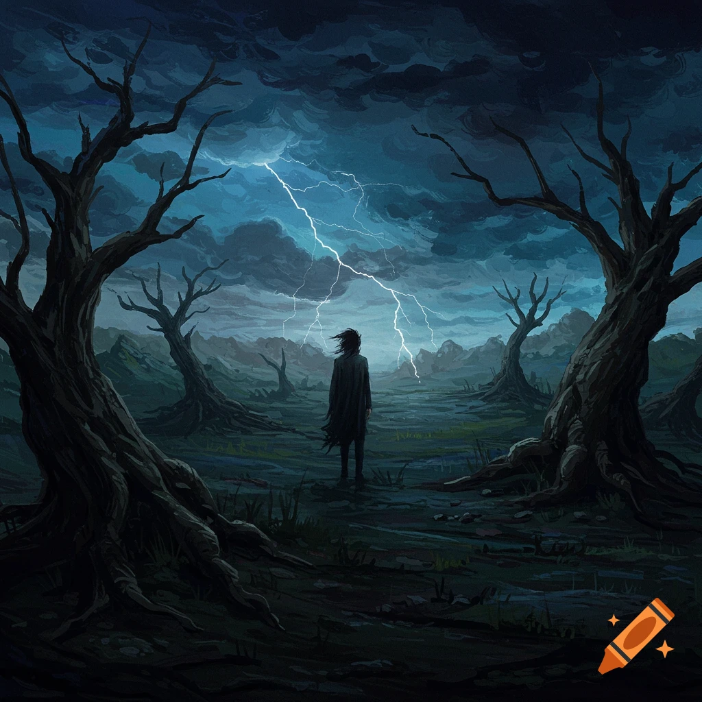 Painting of a solitary figure in a dark, stormy landscape with lightning.