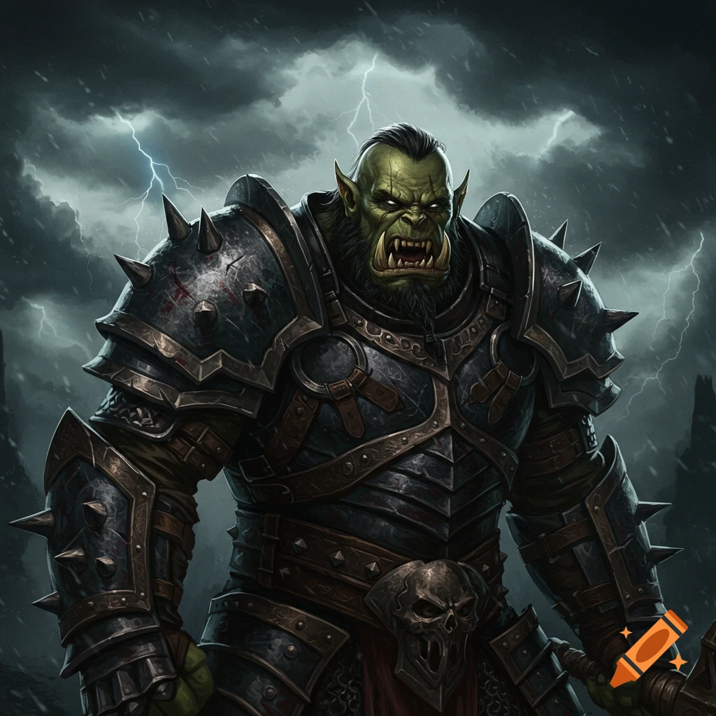 An illustration of a fierce orc in heavy armor standing in a dark, stormy landscape with lightning.