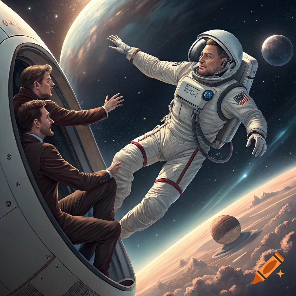 An astronaut floats outside a spacecraft, reaching towards two people inside, with planets and stars.