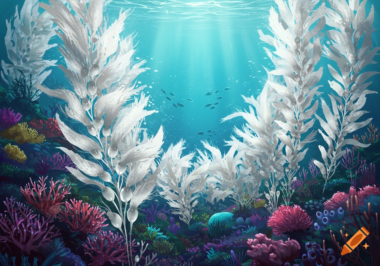 Underwater scene with white kelp, colorful coral, and fish.
