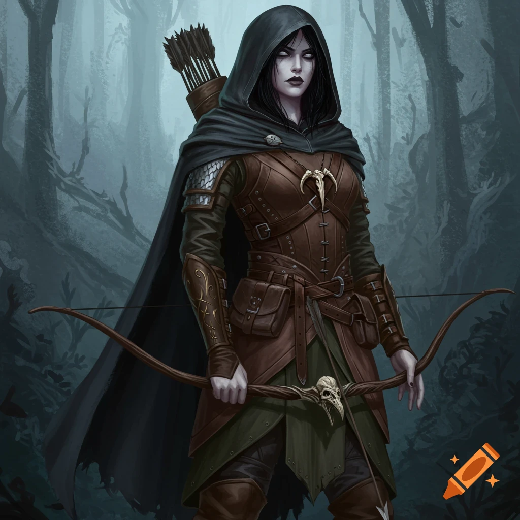 A female ranger with a bow in a forest, wearing a hooded cloak and leather armor, digital illustration.