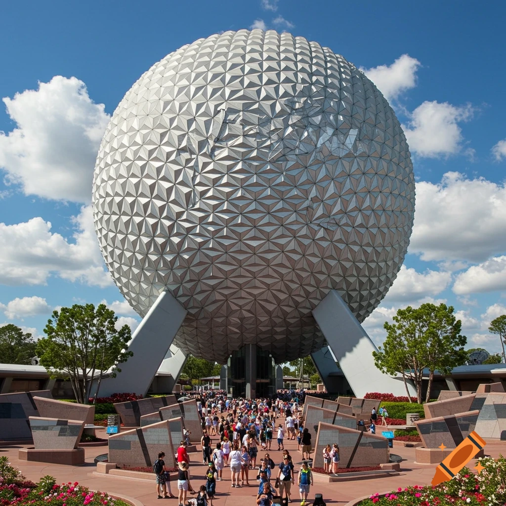 Spaceship Earth geodesic sphere at Epcot with crowds