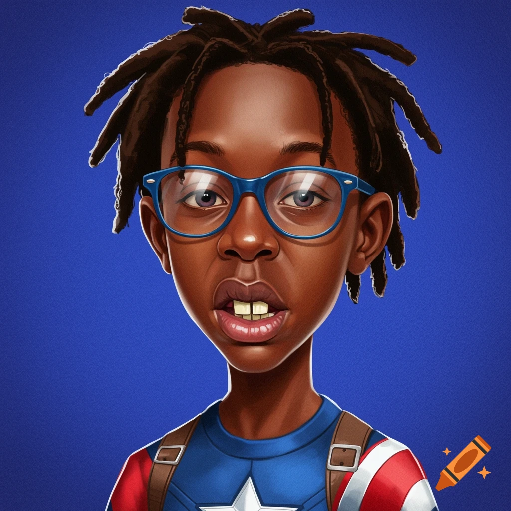 Cartoon portrait of a boy with dreadlocks, blue glasses, buck teeth, wearing a Captain America shirt.