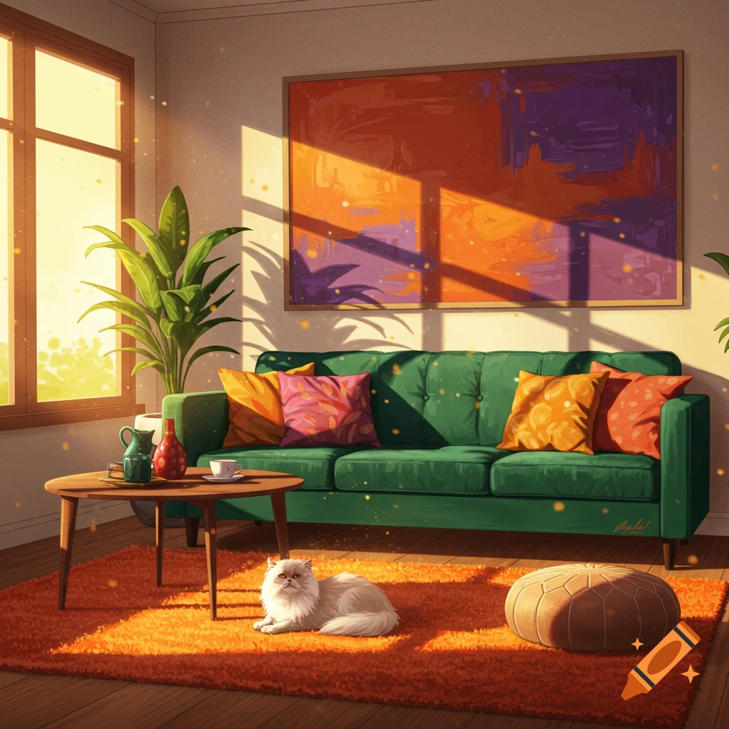 A sunny living room with a green couch, orange rug, white cat, and abstract painting.