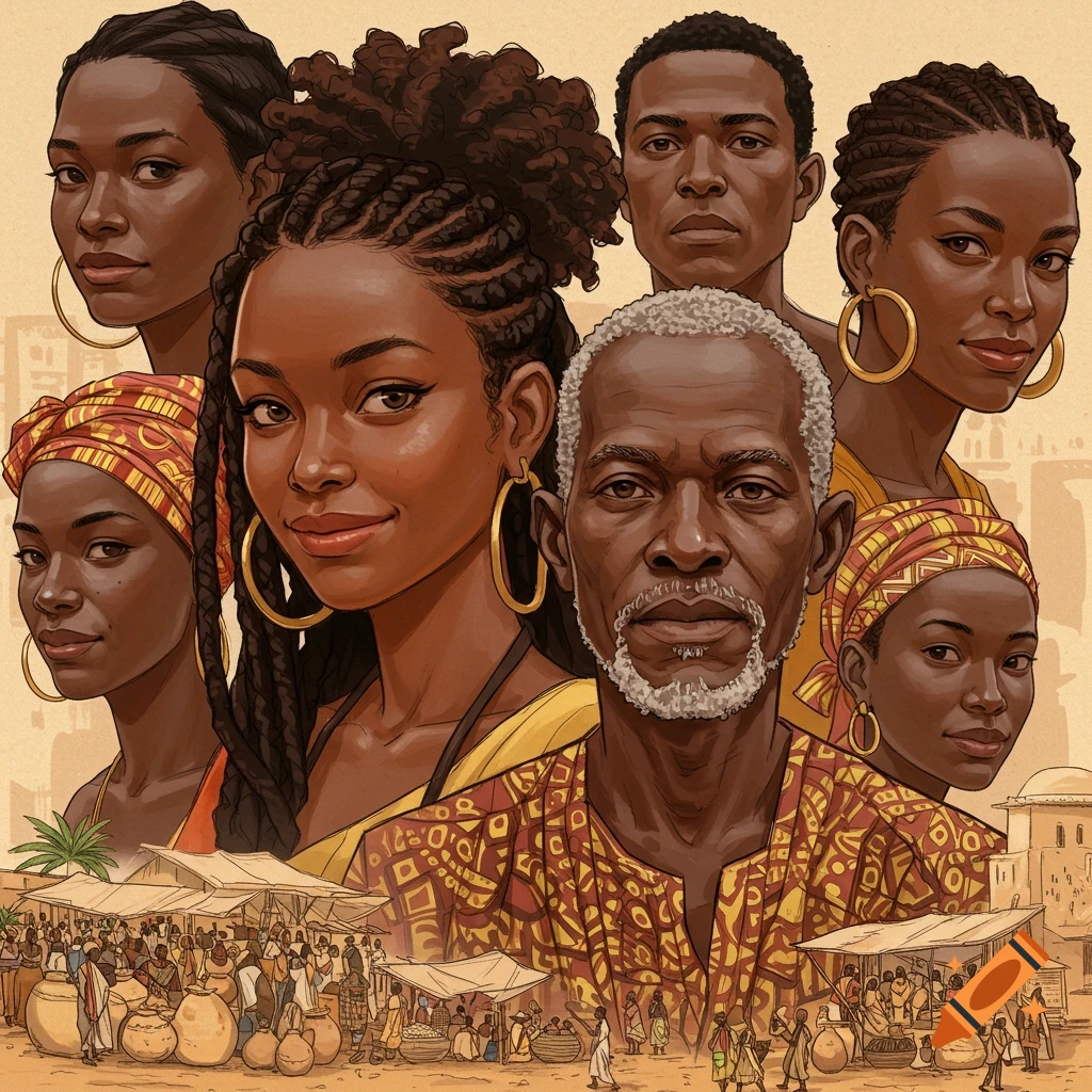 Illustration of portraits of Black people over a market scene