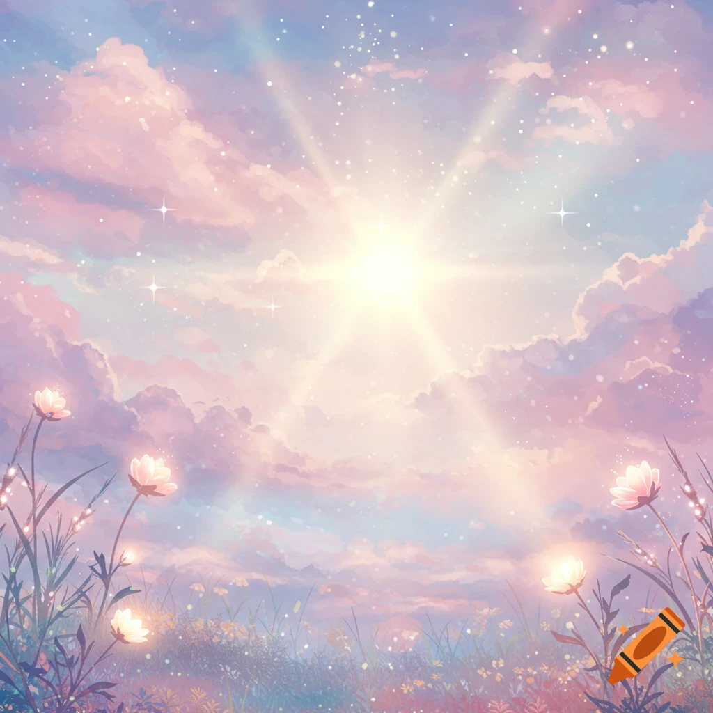 Ethereal sky with pink clouds, bright sun, and glowing flowers in a dreamy illustration.