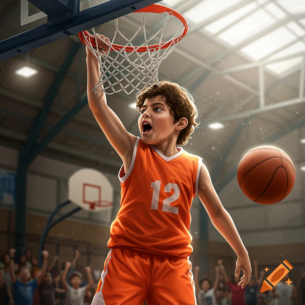 Young boy in orange jersey dunking a basketball in a gym.