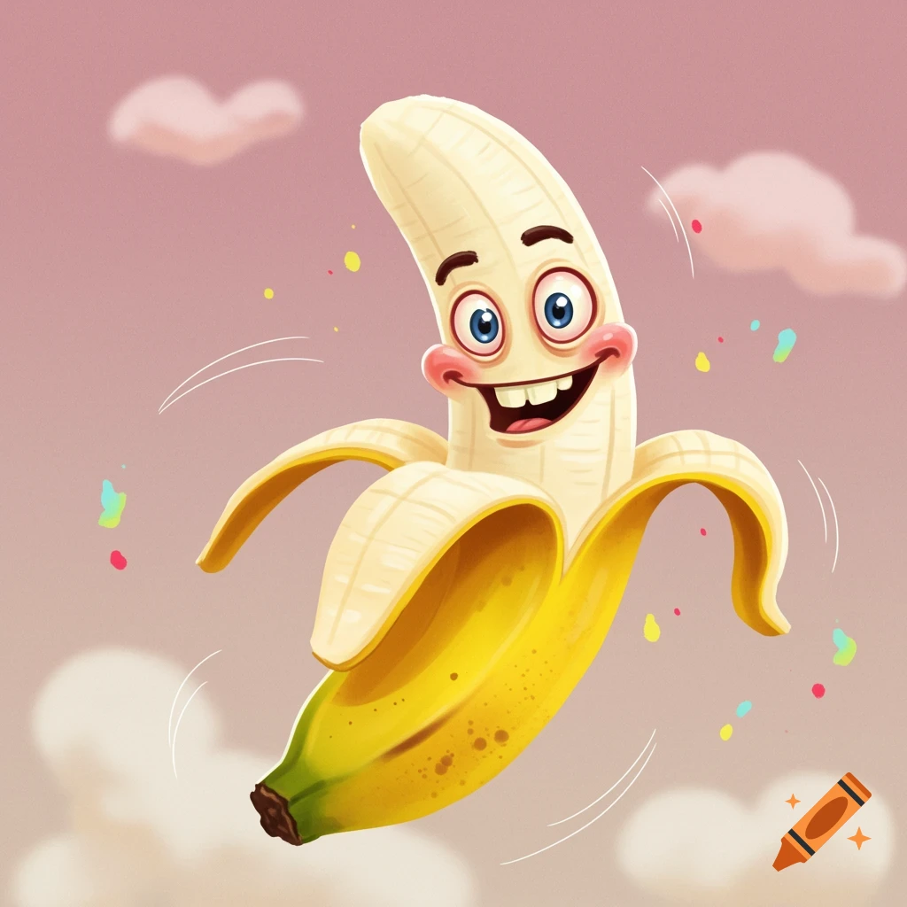 Cartoon illustration of a happy, peeled banana character jumping