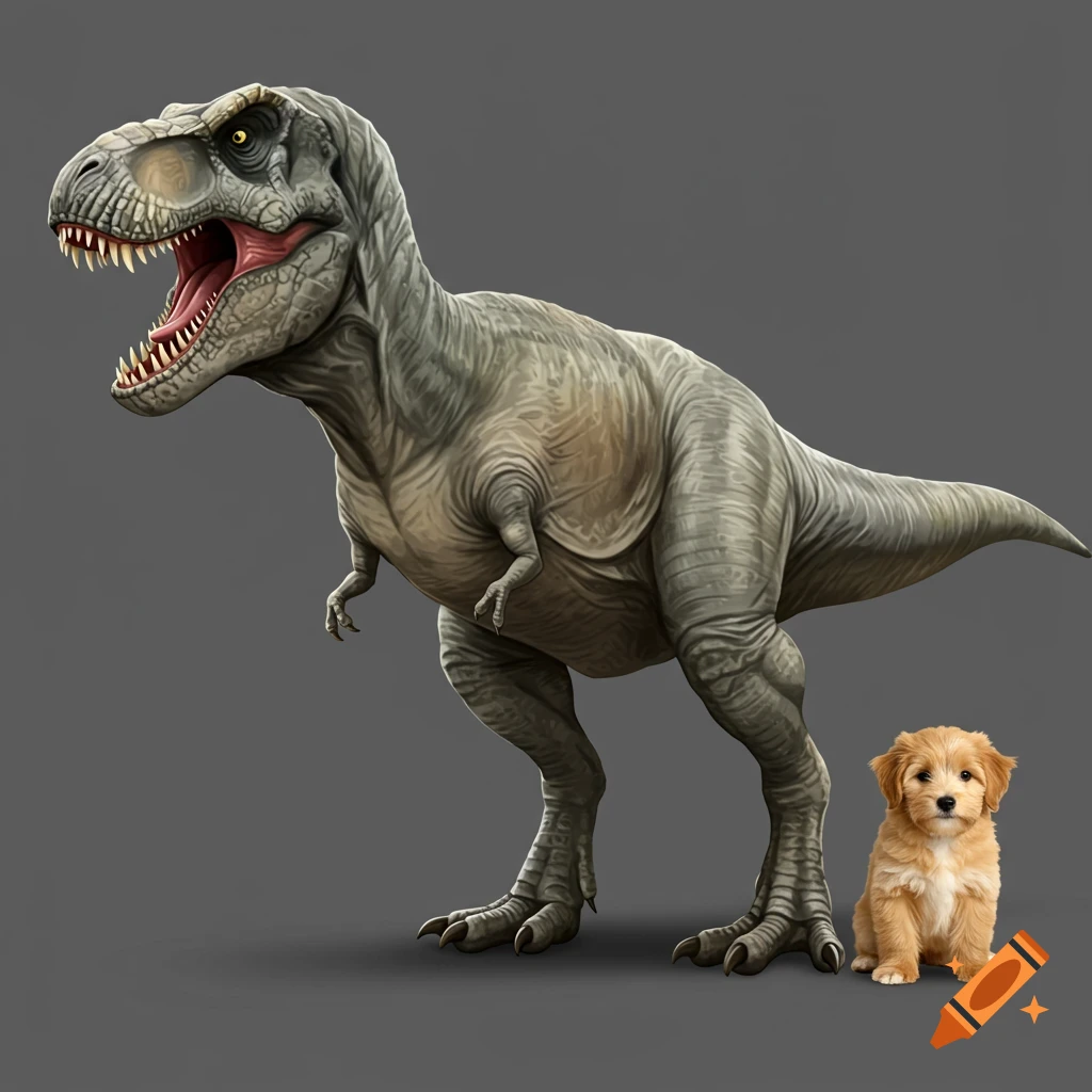 Illustration of a T-Rex body with a puppy head and paws standing on a gray background.