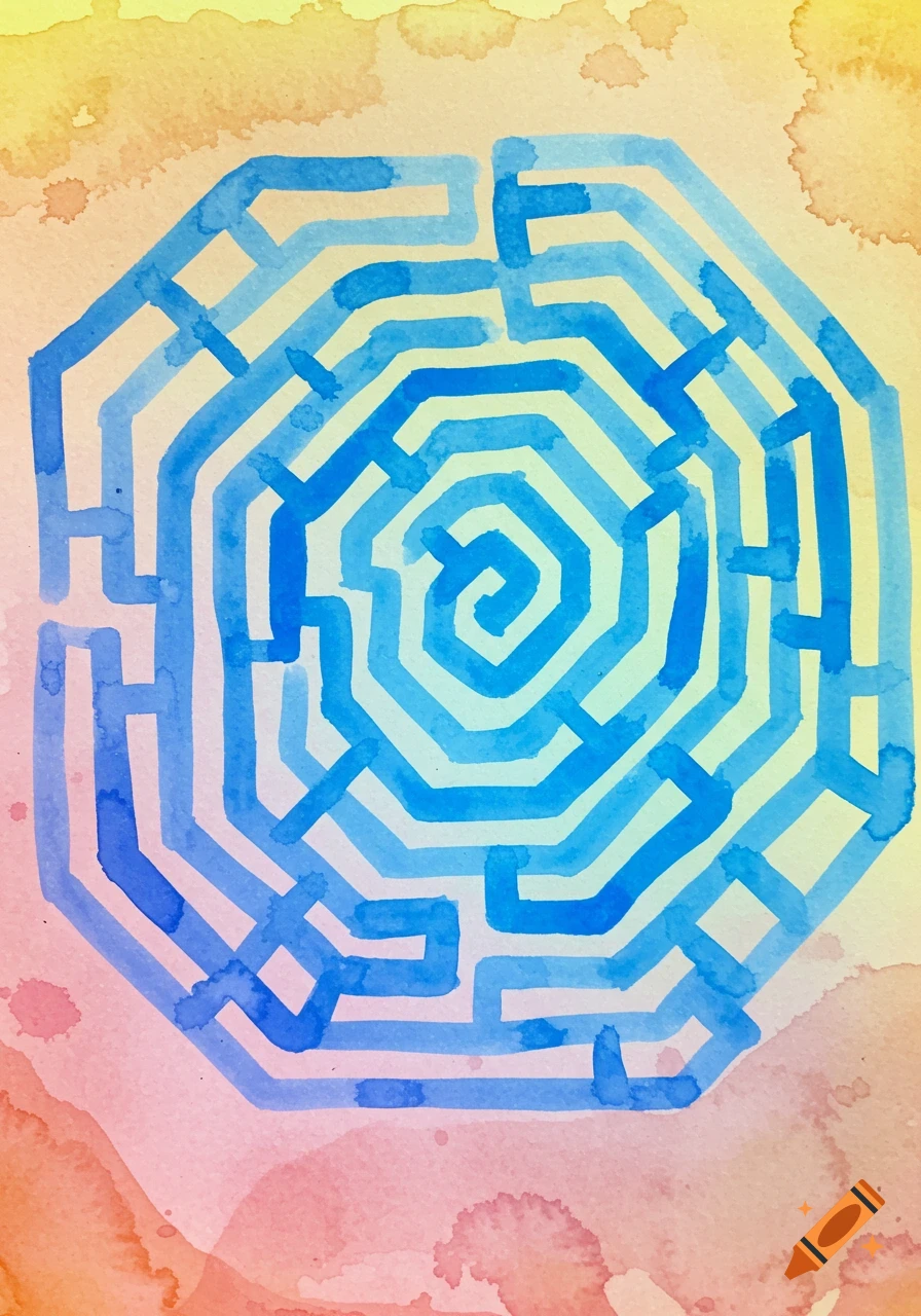 A blue watercolor maze labyrinth on a yellow and pink background.