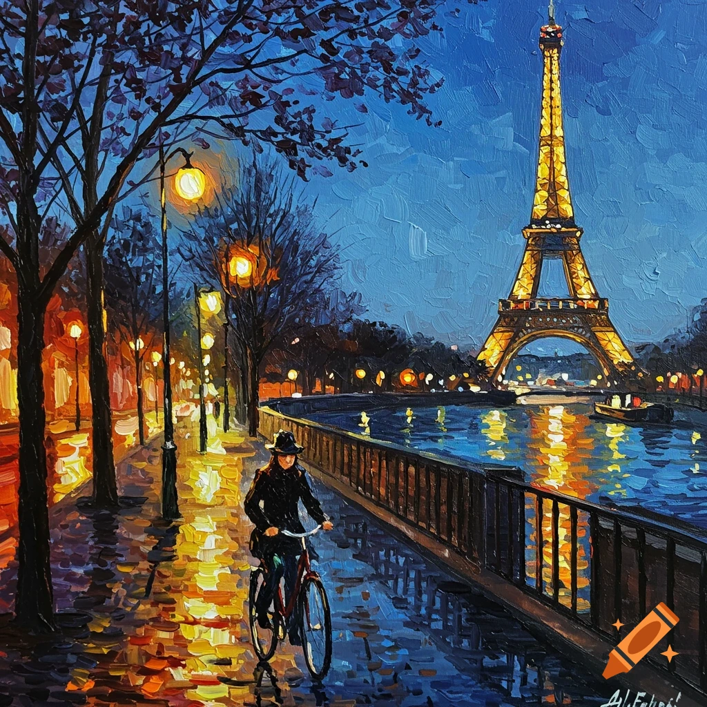 Impressionist painting of a person on a bike by the Seine river at night, with the Eiffel Tower in the background.
