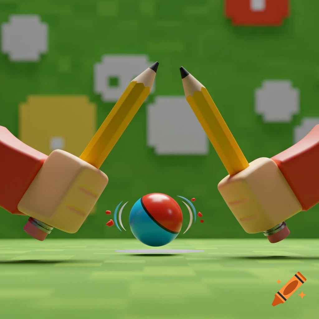 Two cartoon hands holding pencils hit a red and blue ball in a pixelated green game setting.
