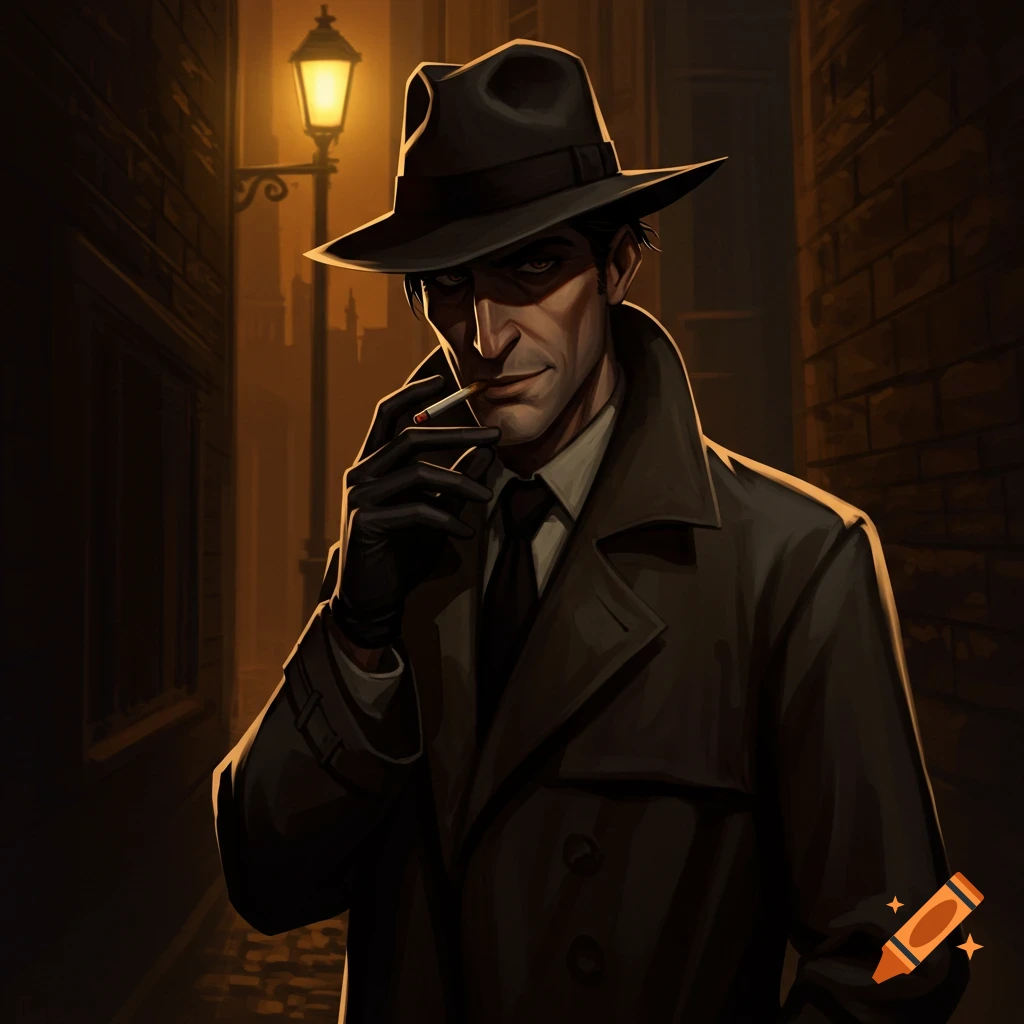 A man in a trench coat and fedora smoking a cigarette in a dark alley under a street lamp.