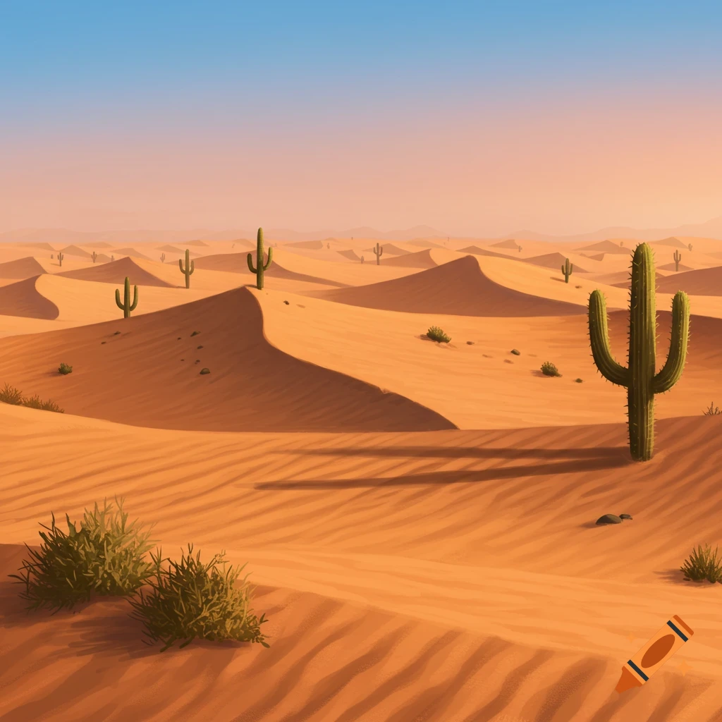 Stylized desert landscape with sand dunes and cacti under a blue sky.