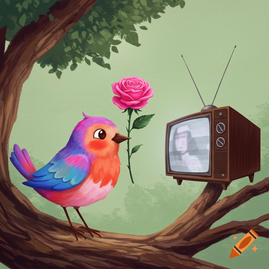 Bird holding a flower watching TV