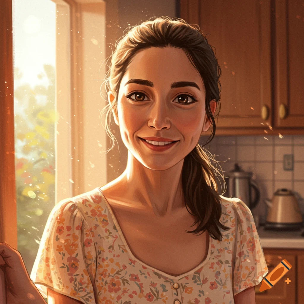 A smiling woman with dark hair stands in a sunny kitchen.