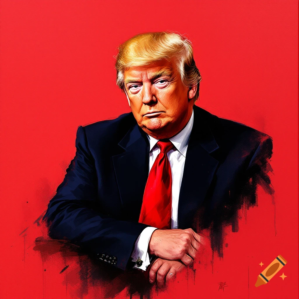 Painterly portrait of Donald Trump in a dark suit and red tie against a red background.