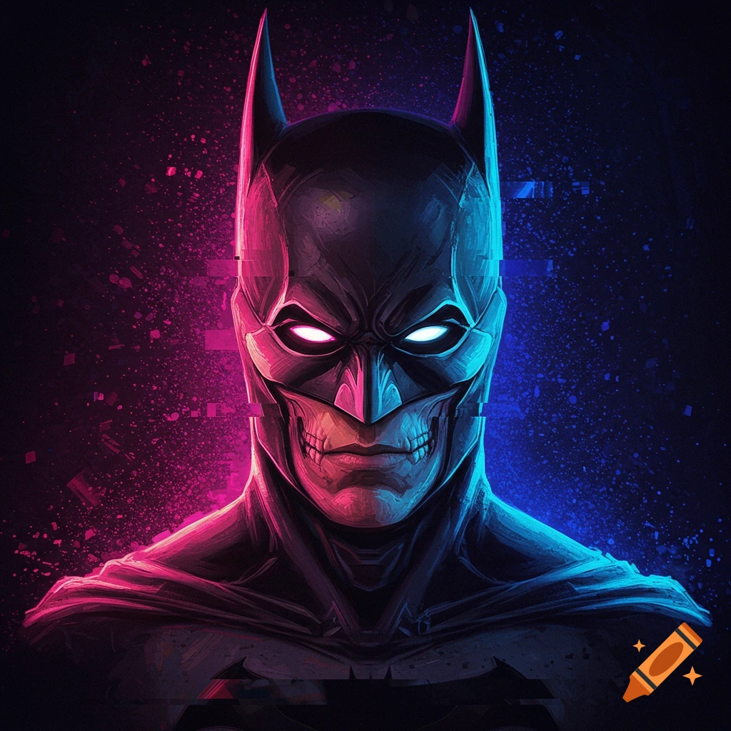 Stylized portrait of Batman with skeletal face effect and neon pink and blue lighting.