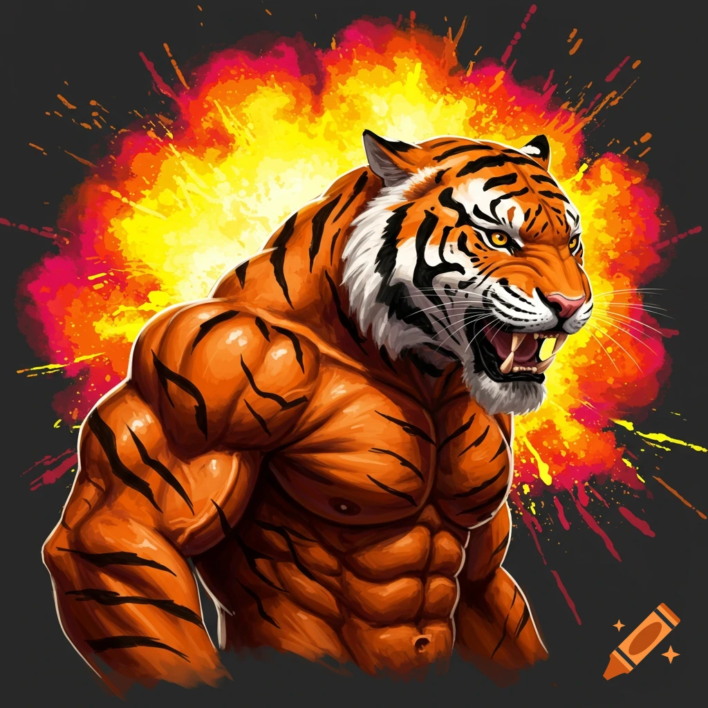 A muscular tiger stands in front of an orange and yellow explosion.