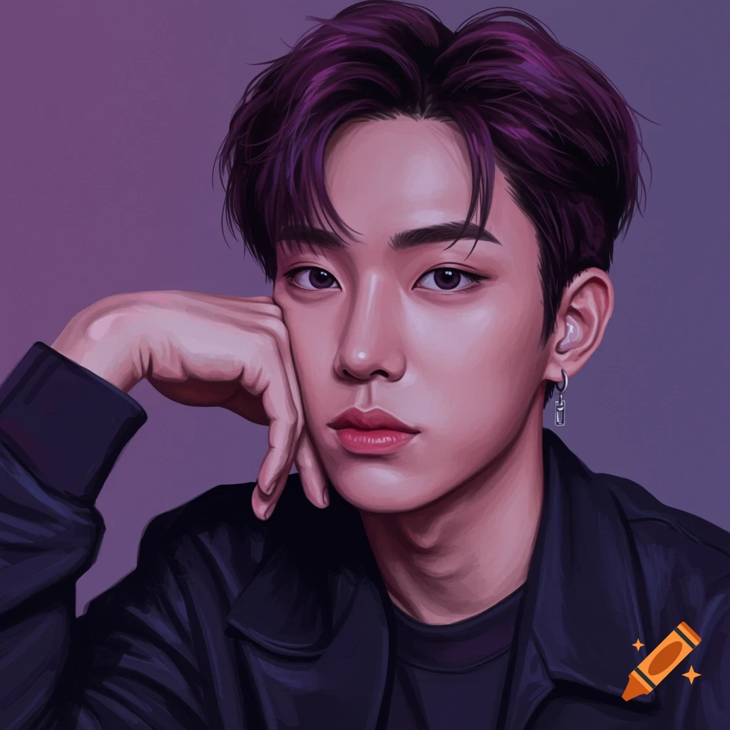 Digital portrait of a young man with purple hair resting head on hand