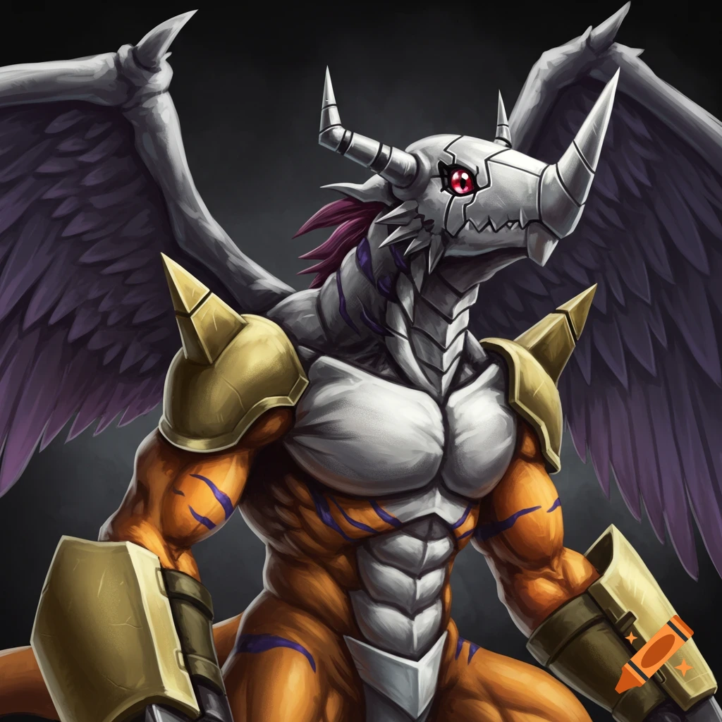 A close-up portrait of WarGreymon from Digimon in a realistic style.