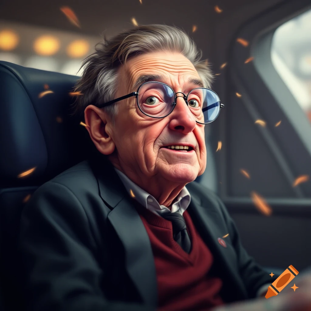 Caricature portrait of an old man in glasses and a suit, sitting down
