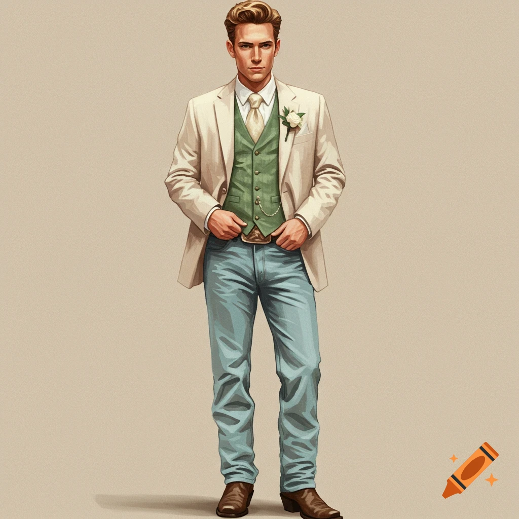 A young man in a cream suit jacket, sage green vest, light blue jeans, and cowboy boots poses.