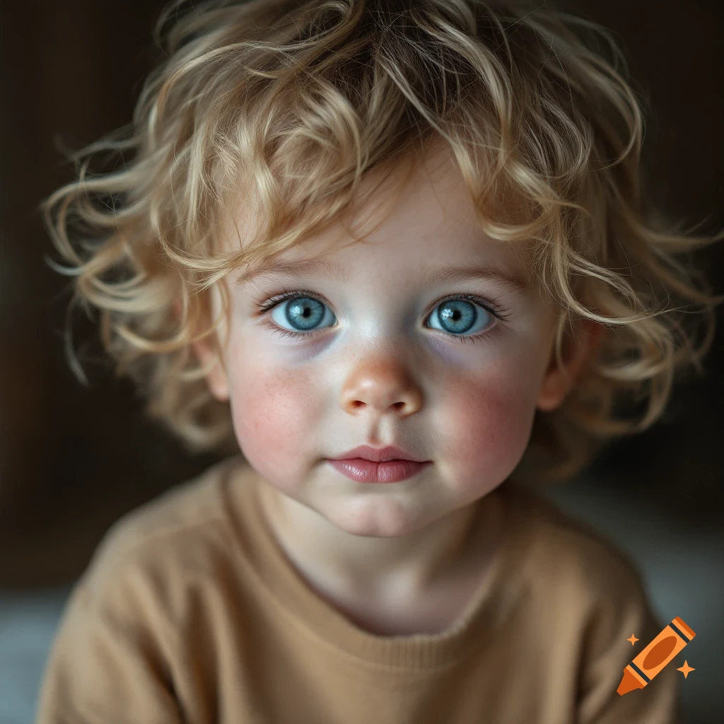 Close-up photorealistic portrait of a young child with curly blonde hair and striking blue eyes.