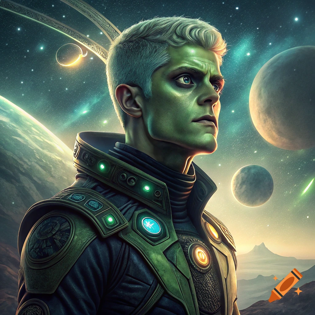 Portrait of a green-skinned alien with white hair in a futuristic suit, looking at planets in space.