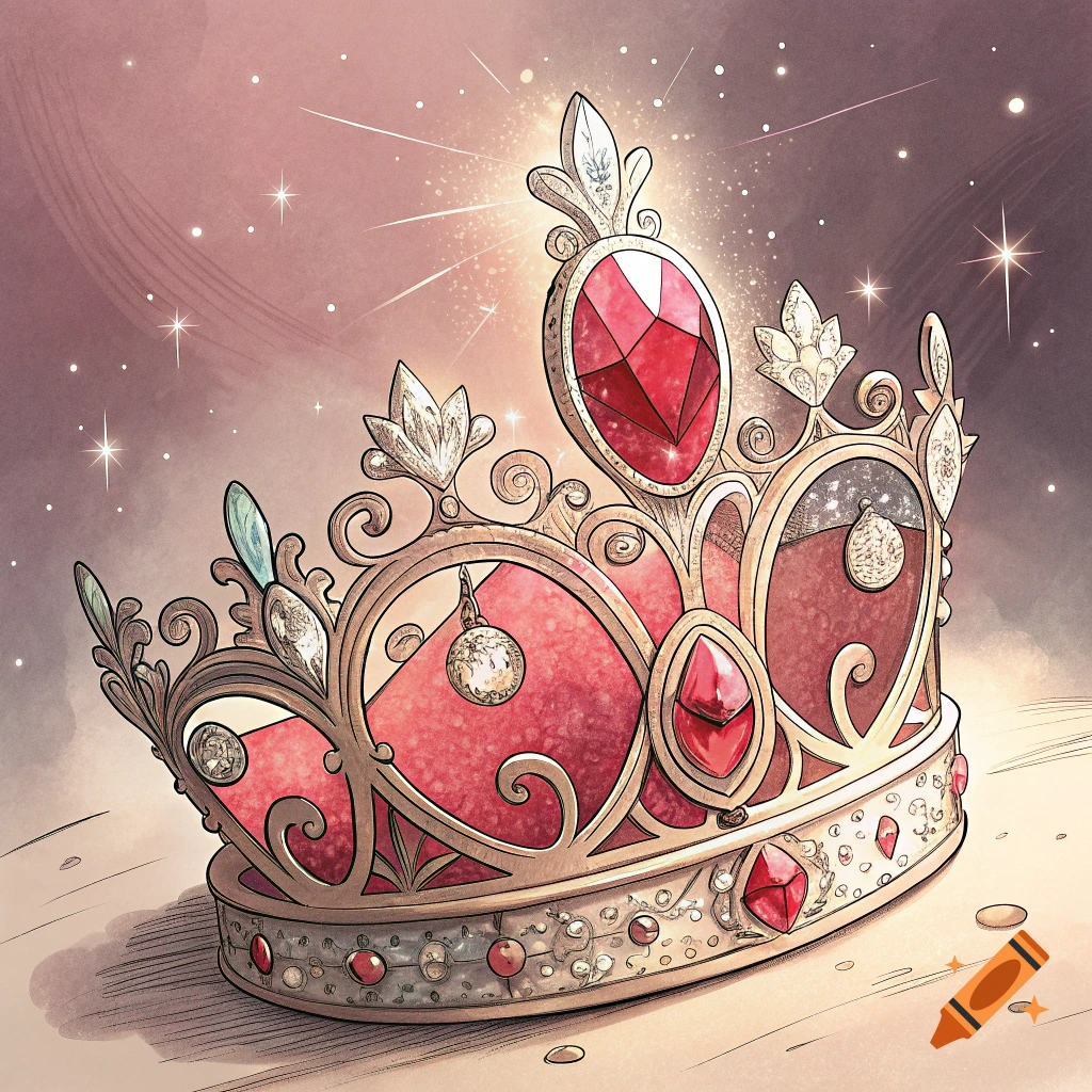 A cartoon queen's crown with red ruby gems and sparkling diamonds.