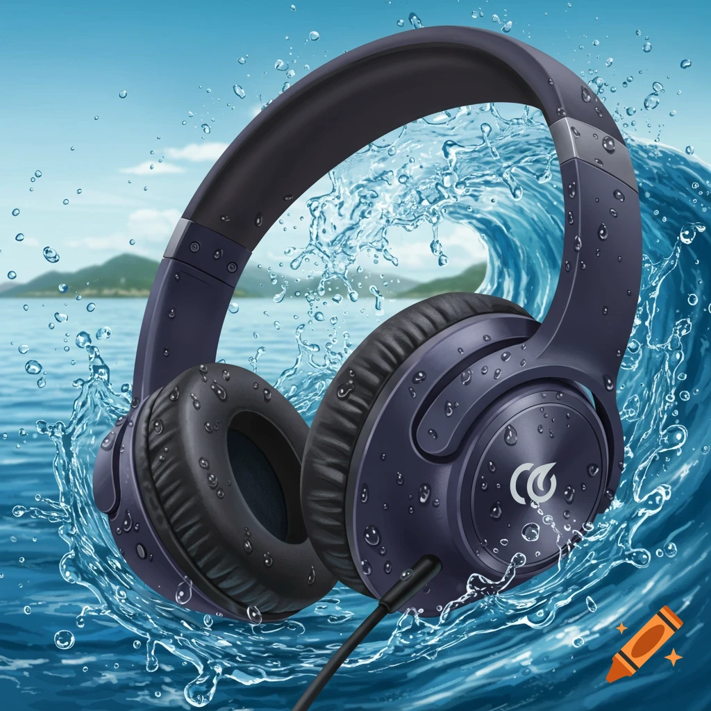 Dark headphones splashing in water with a background of sea, mountains, and sky.