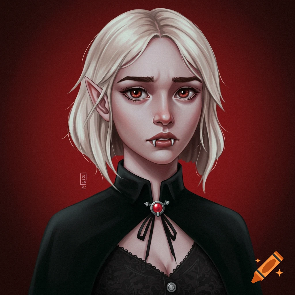 Illustration of a young female vampire with blonde hair, red eyes, fangs, and a black cape against a red background.