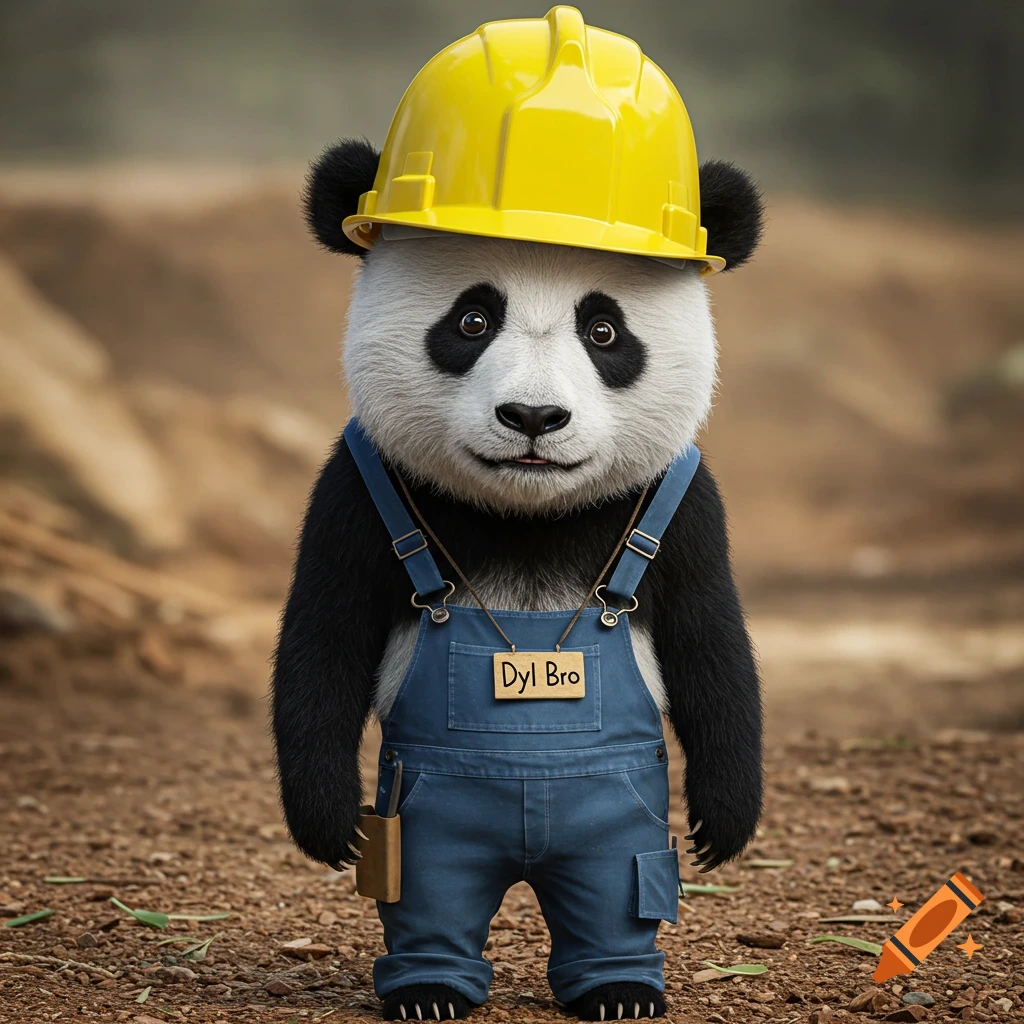 A photorealistic image of a panda wearing a yellow hard hat and blue overalls standing on dirt.