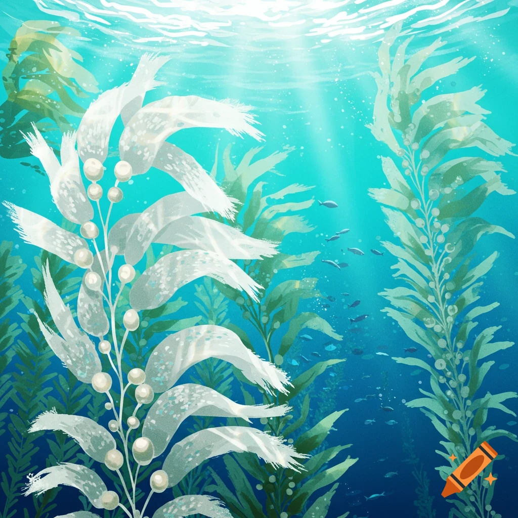 Underwater illustration of a kelp forest with sunlight rays and fish.