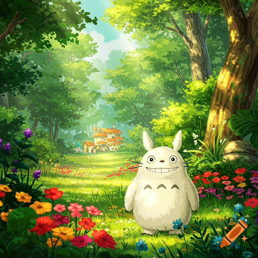 A fluffy white creature in a forest meadow with flowers and a house in the background, in a Ghibli style.