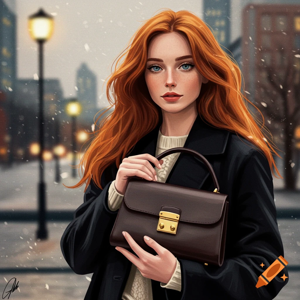Illustration of a woman with red hair holding a handbag on a snowy city street.