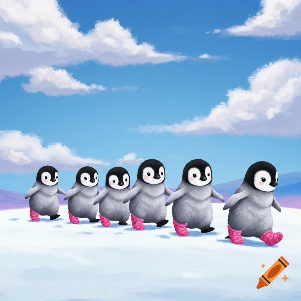 Six small cartoon penguins walk in snow with pink wraps on their feet under a blue sky with clouds. Illustration style.