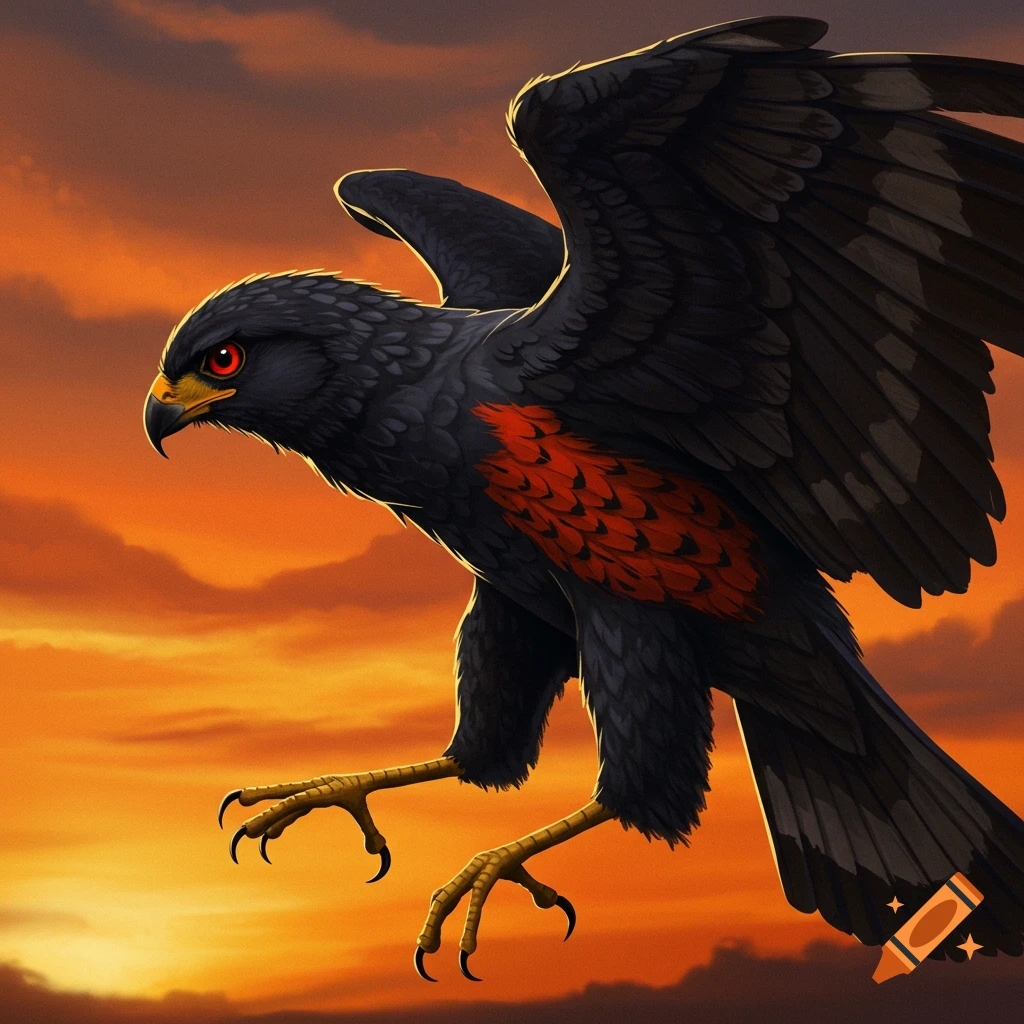A stylized black hawk with red eyes and chest feathers flies against an orange sunset.