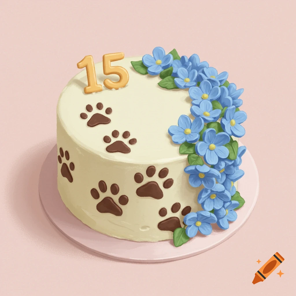 Circle cake with blue flowers, number 15, and paw prints decoration mock-up design idea for party cake decorations DIY bake off ideas inspiration trends birthday cake decoration ideas bakeries baking food cakes fondant frosting buttercream icing fillings toppings cakes occasion seasonal flavors techniques recipes decorating tips presentation serving storage cake decorating for beginners intermediate advanced cake art edible art cake design