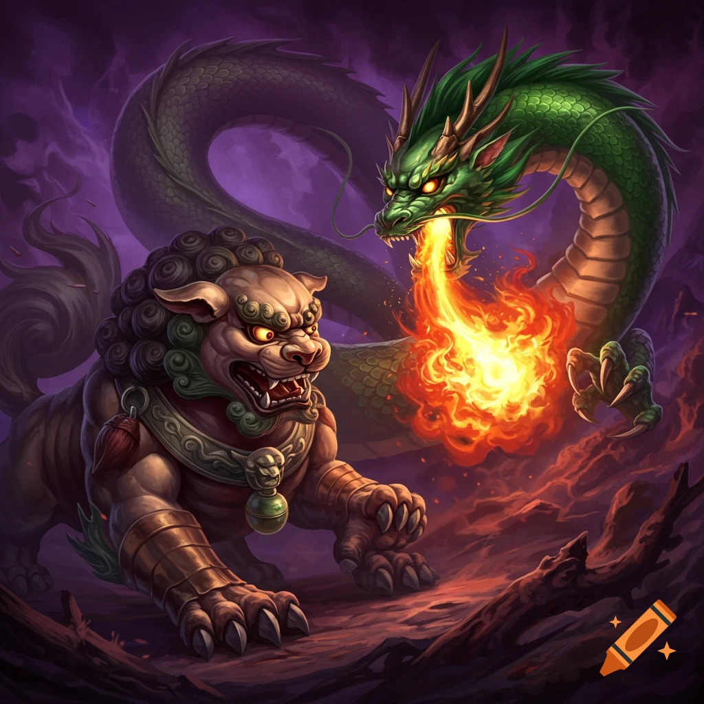 A green dragon breathes fire at a foo dog in a dark fantasy landscape.