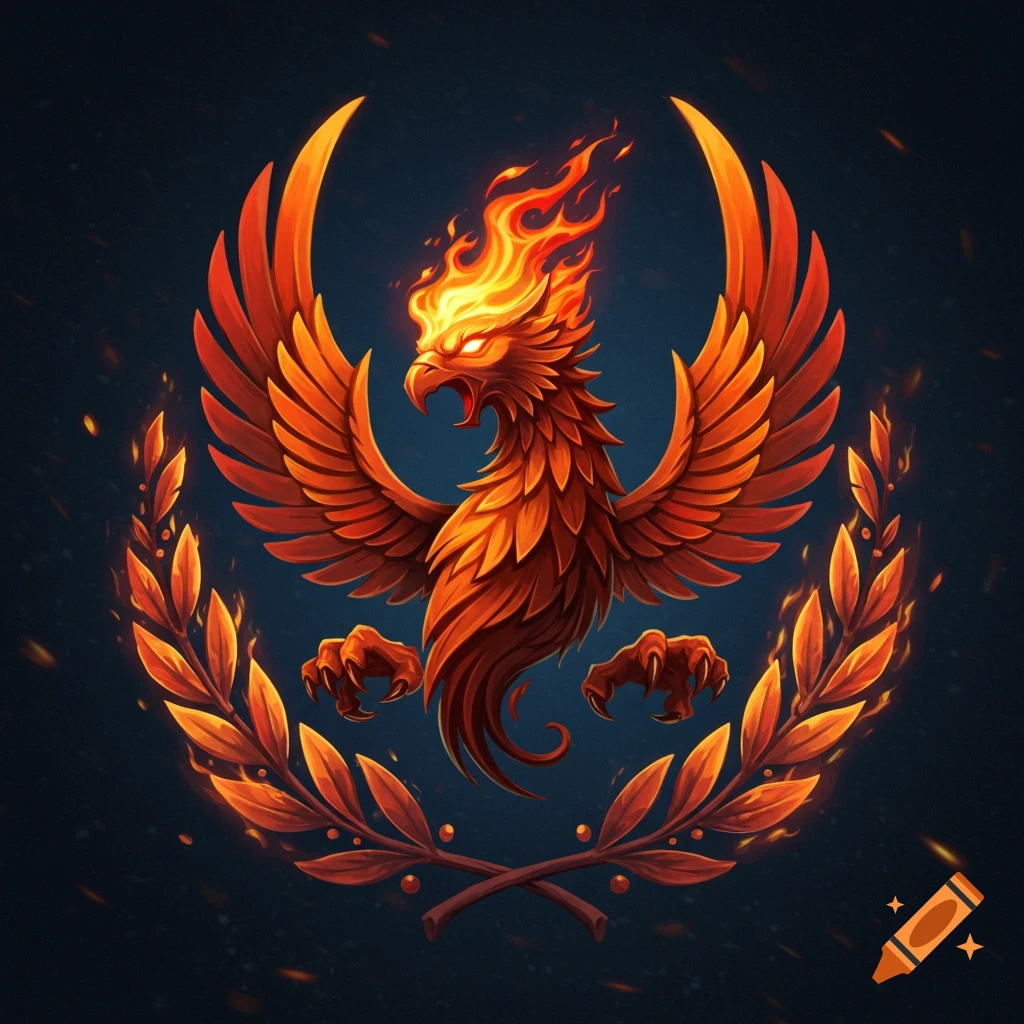 Fiery phoenix emblem surrounded by a wreath of leaves.