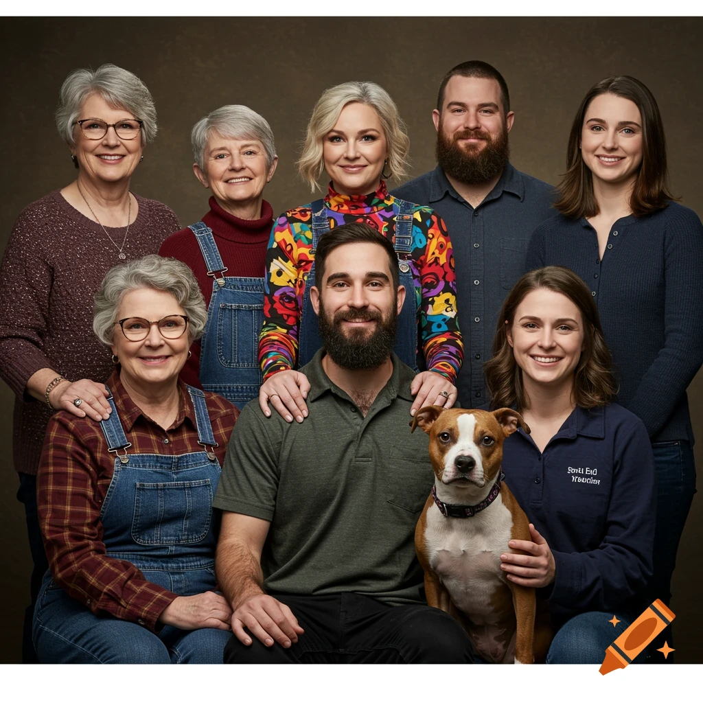 A group of people and a dog pose for a family portrait in a studio.