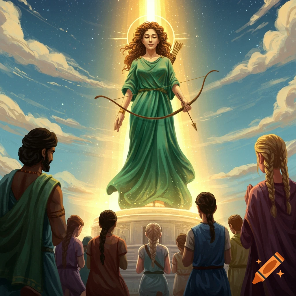 People praying to a statue of a woman holding a bow and arrow