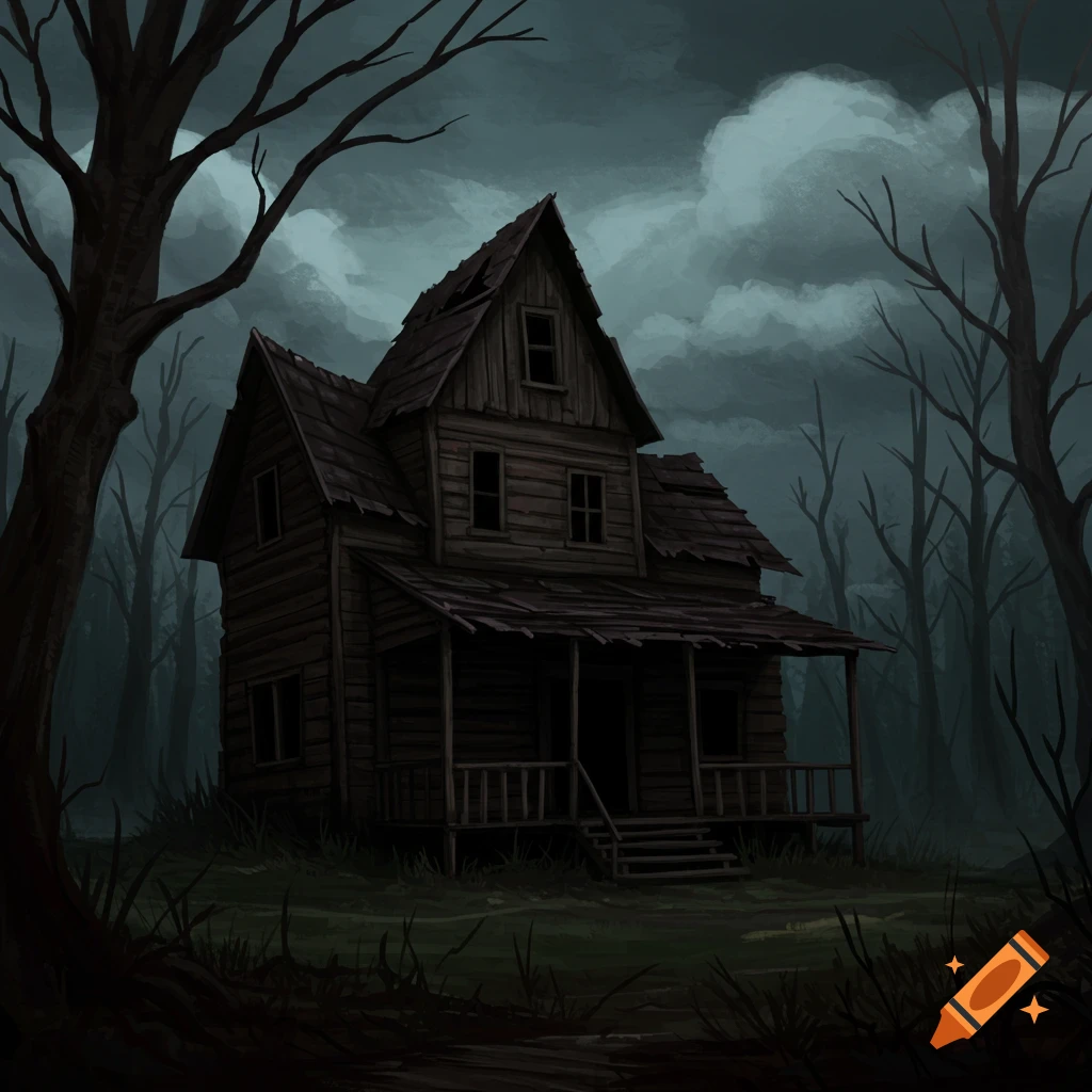A creepy, dilapidated wooden cabin stands in a dark, spooky forest under a cloudy sky.