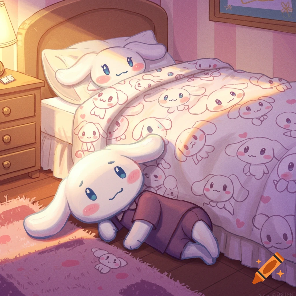 A Cinnamoroll character lies face down on a pink rug beside a bed covered in sheets featuring other Cinnamoroll characters, in a cartoon style.