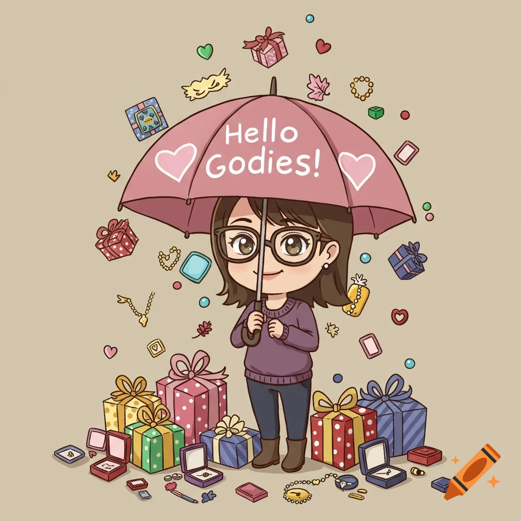 Anime style woman with umbrella, "Hello Goodies!" text, raining gifts