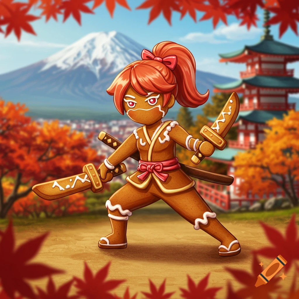 Gingerbread ninja with bow and cookie katanas in Japan