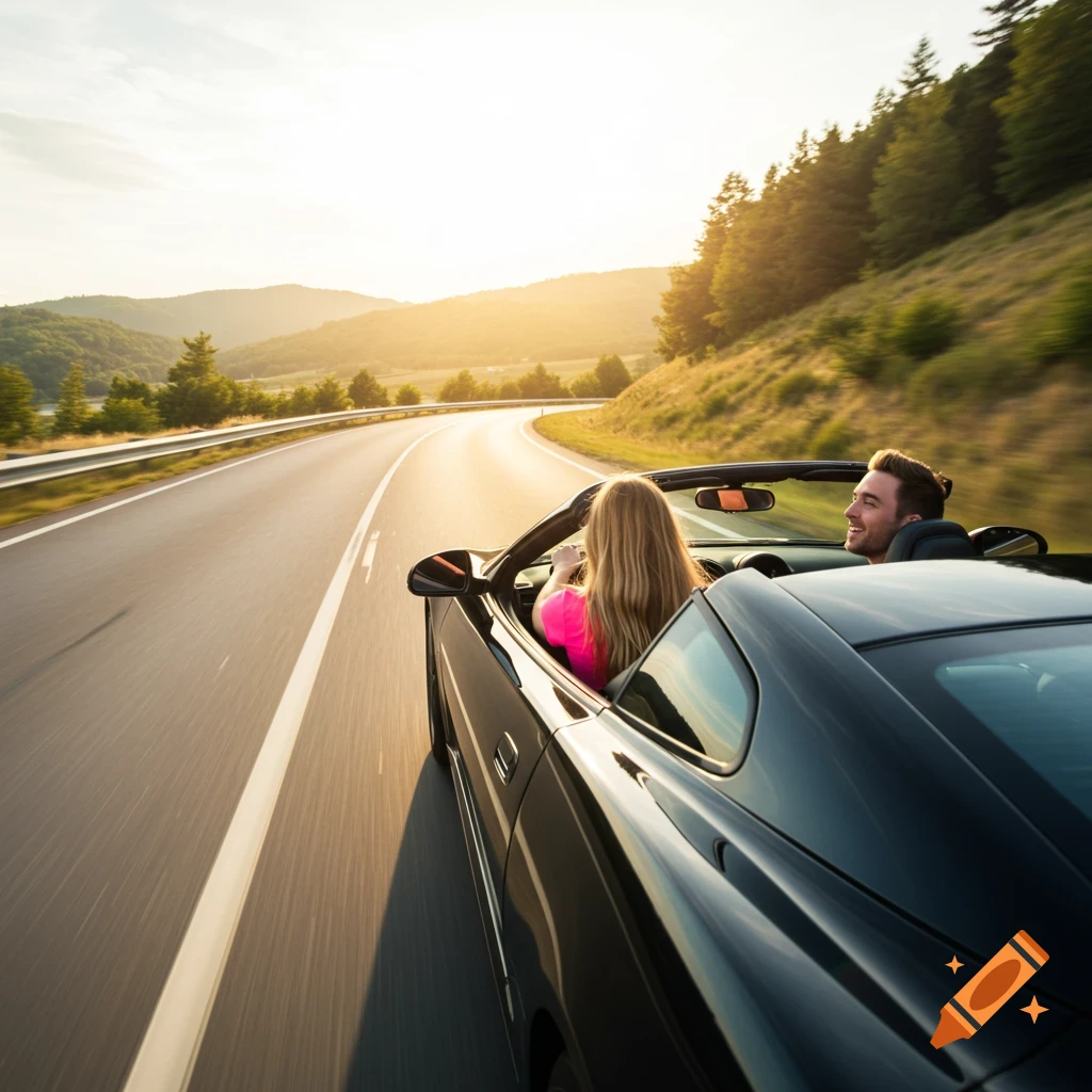 A couple drives in a black convertible on a highway at sunset, with mountains and trees in the background.