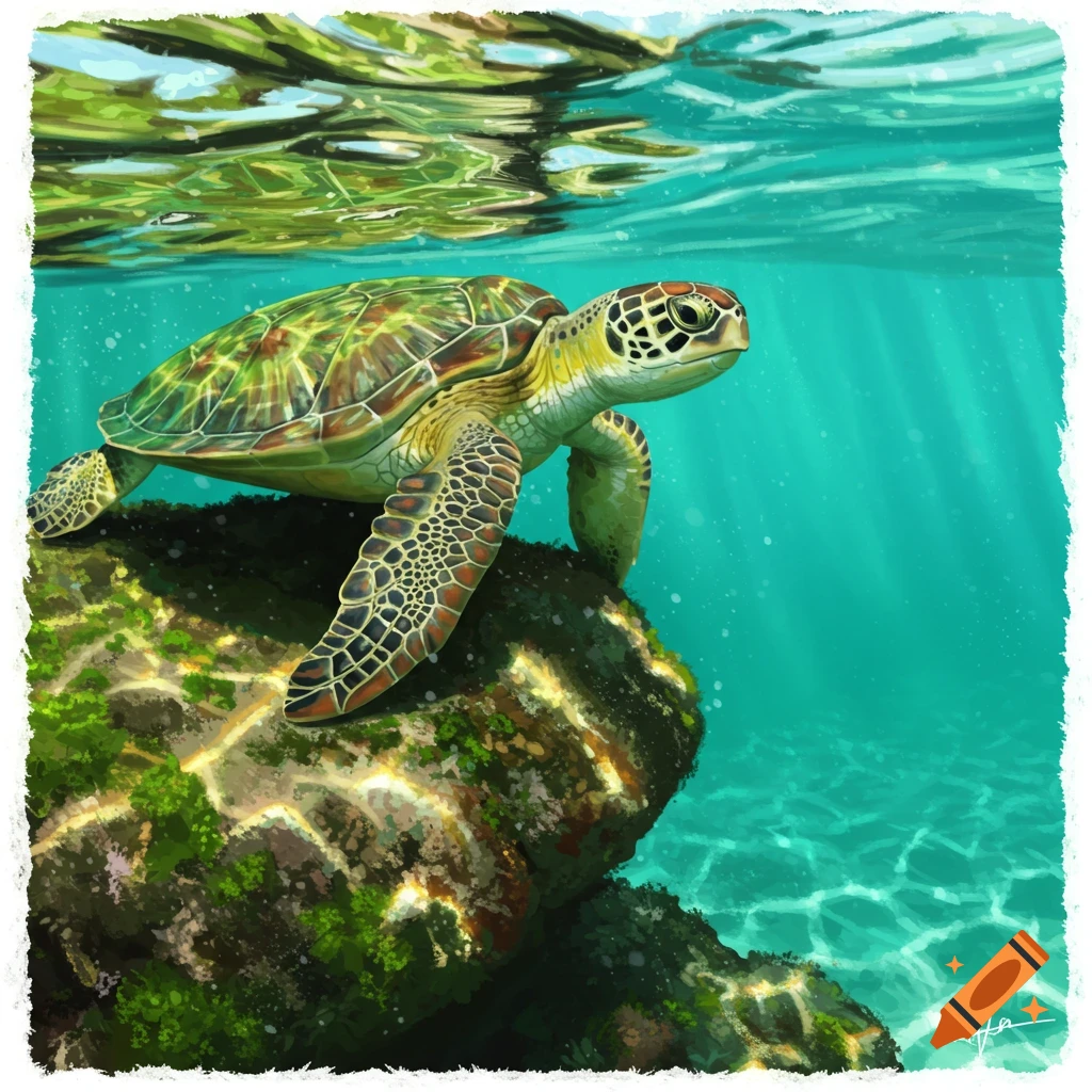 Illustration of a green sea turtle on a rock underwater with light rays from the surface.